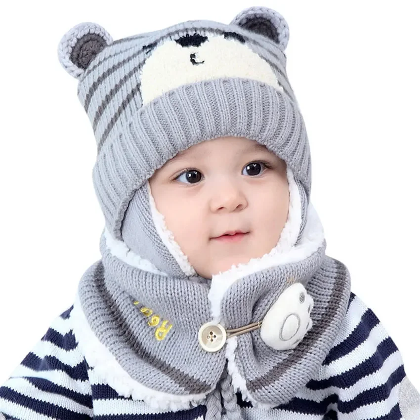 Unisex Kids Cartoon Bear Stripe Hats And Scarf Baby Cap Set Girl Boy Cap Scarf Set Child Winter Earmuffs Hat Scarf Warm Suit