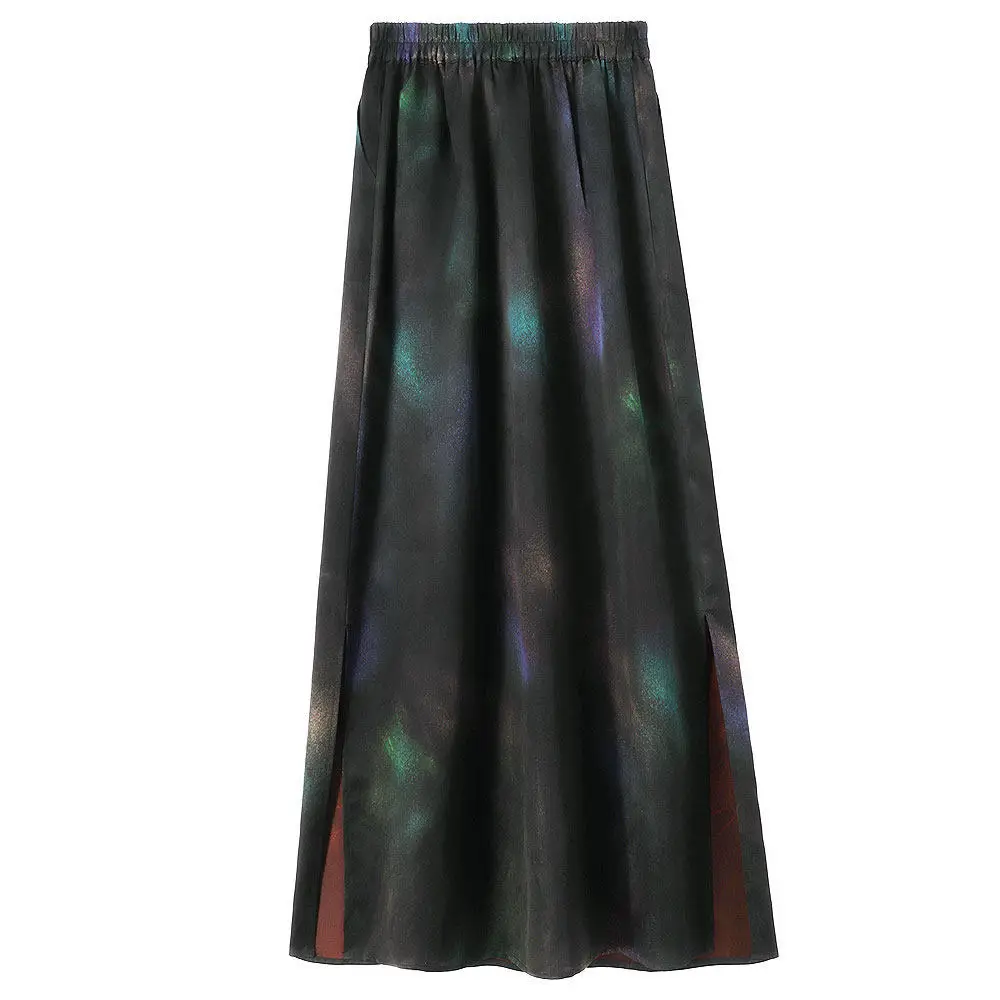 BirdTree-Silk Watered Gauze Elegant Skirts, Elastic Waist Print, Women Retro Breathable Straight Skirt, 2026 Autumn New B6O666CC