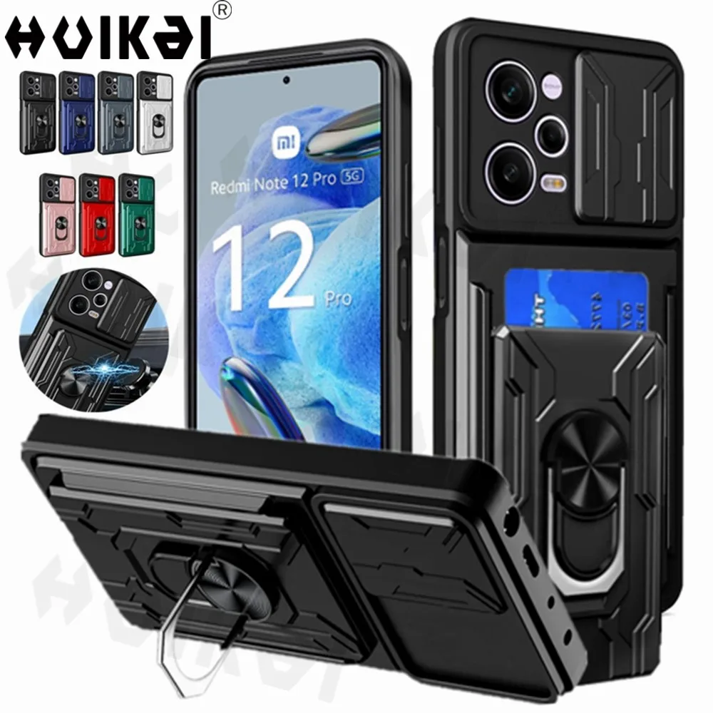 Detachable Card Holder Phone Case For Redmi Note 12 Pro 11 Xiaomi Poco X5 Pro 13 12T 11 Antifall Slide Camera Lens Bracket Case