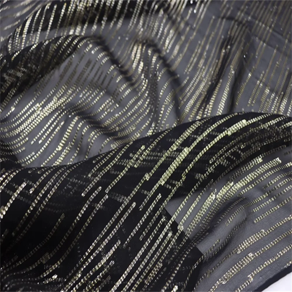 

Black Color Ground Gold Stripe Newest Design Hot Sale Good Material Silk Lurex Metallic Fabric for Women Nice Garment