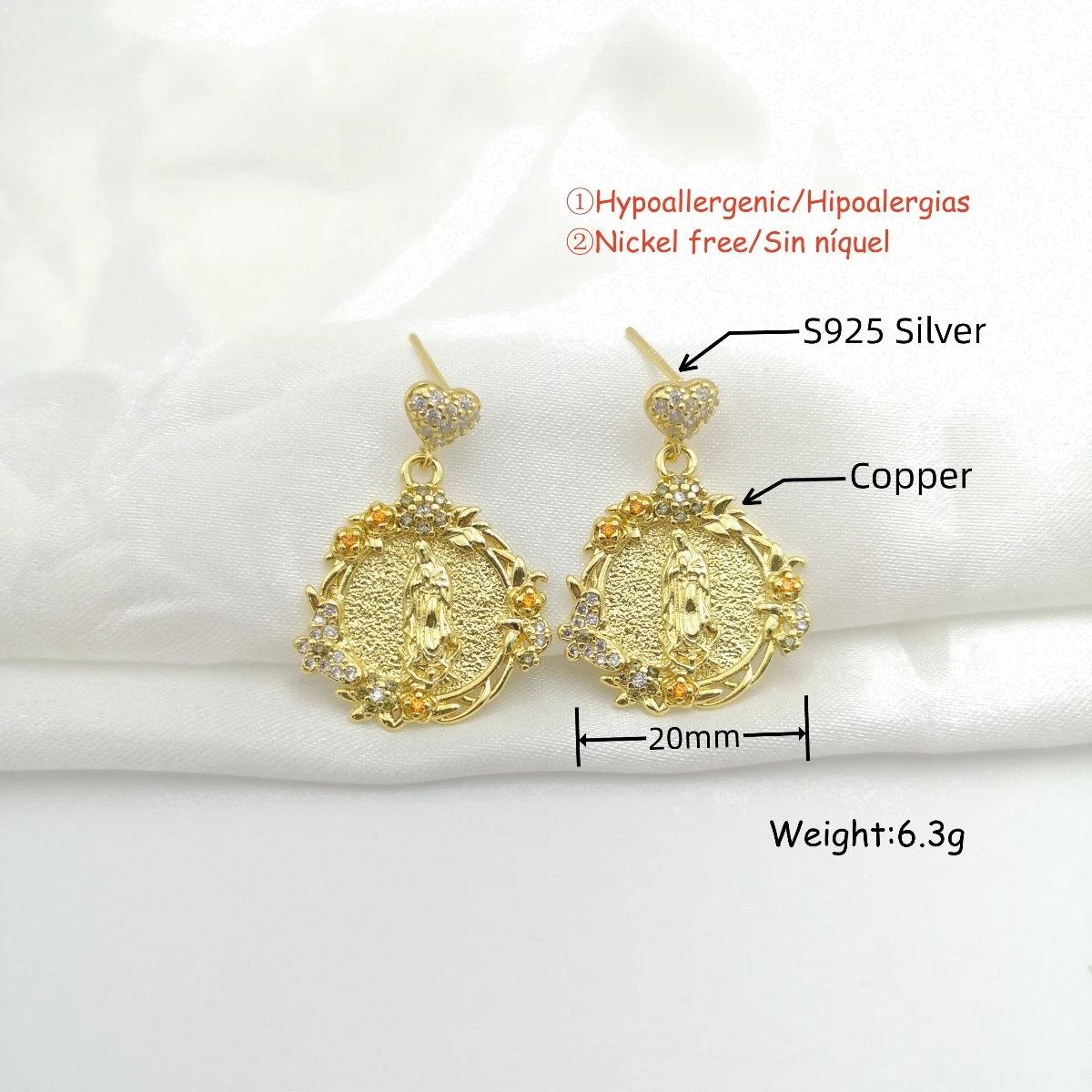 Boucles d'oreilles pendantes en argent regardé S925 véritable pour femme, document en or, fleurs, Rond, Vierge Marie, Zunderes on Dangle