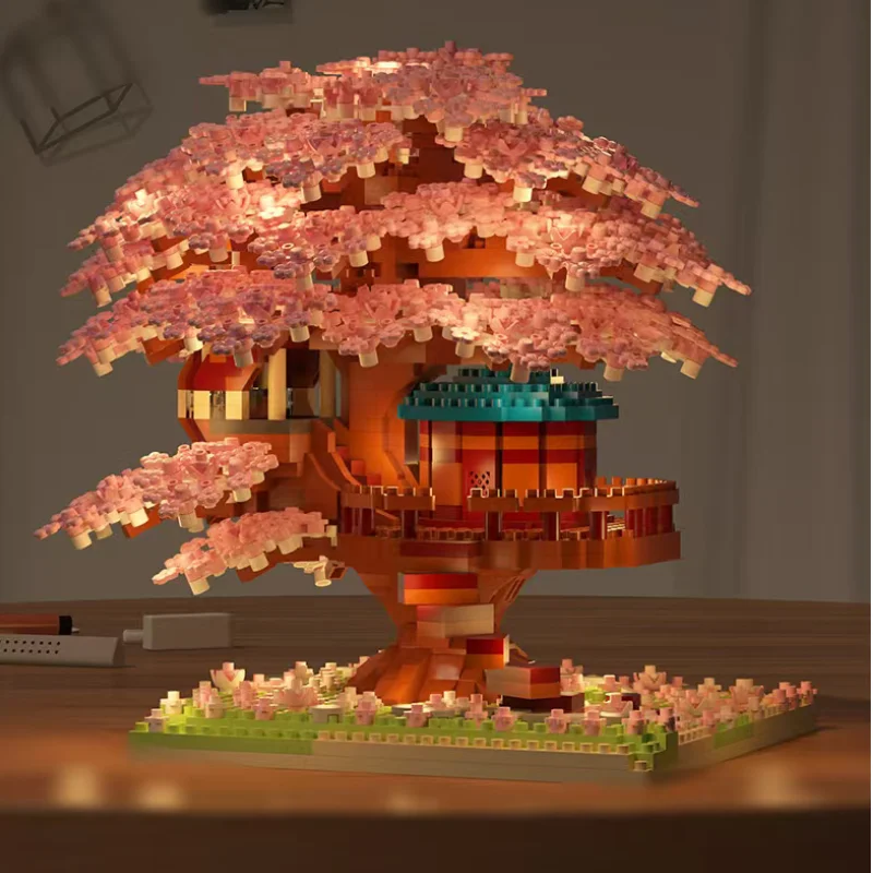 Mini árbol, casa de flores, modelo de bloques de construcción, flor de melocotón, montaje artesanal, ciudad, vista de calle, ladrillos, juguetes para niños, regalos de navidad para niñas
