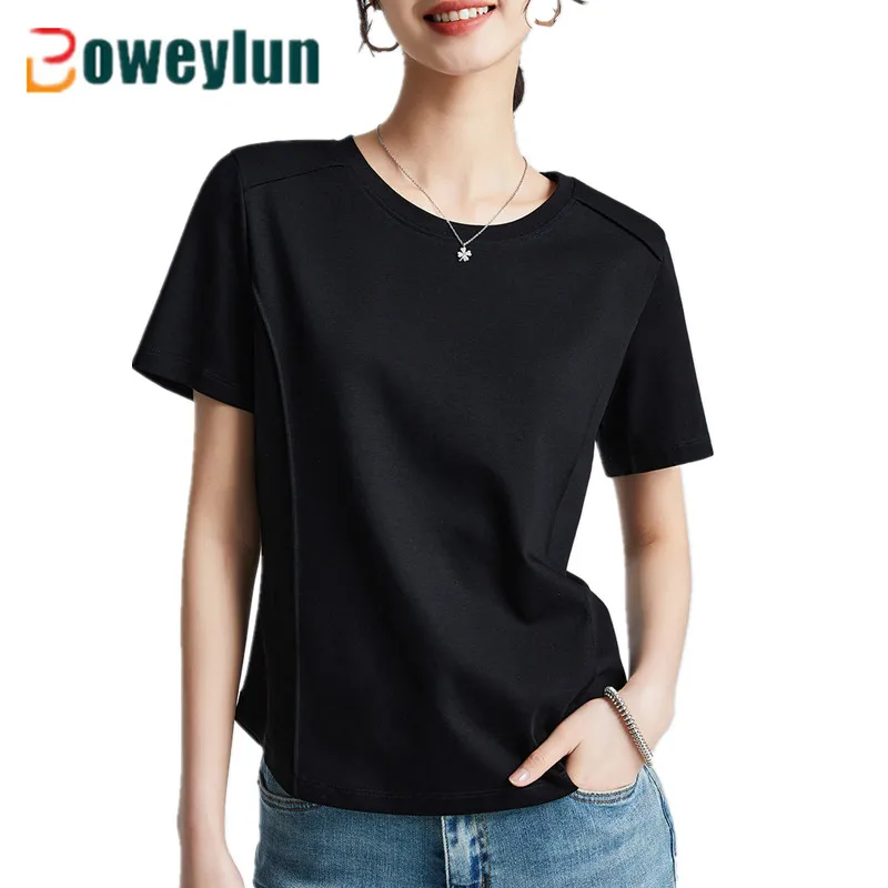 

Boweylun New Mercerized Cotton Positive Shoulder T-shirt Female Herringbone Line Splicing Beathable Slim Short Sleeve Top Womenr