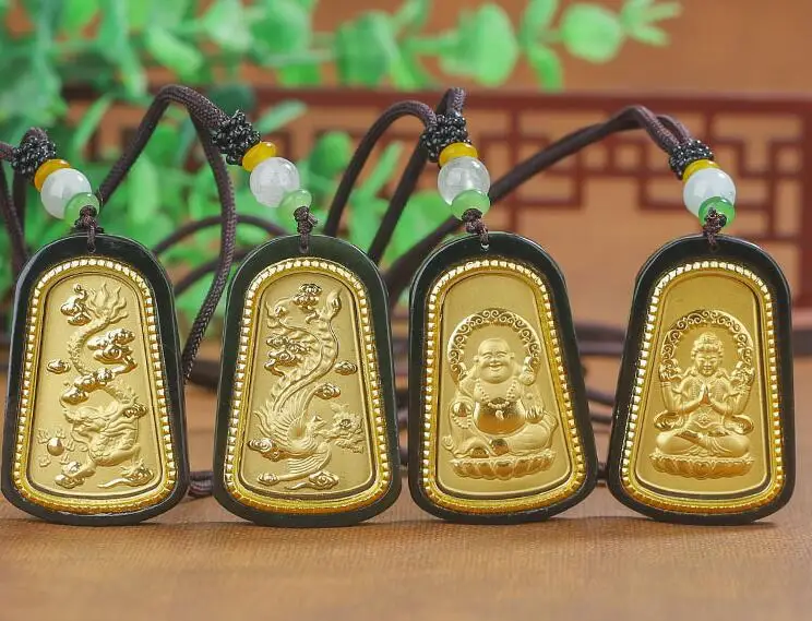 Natural Black Hetian Jade Solid Gold Inlaid GuanYin Buddha Dragon Phoenix Amulet Pendant Necklace Certificate Charm Jewelry