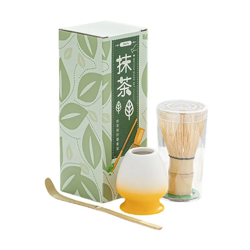KYCOR-Japanese Tea Ceremony Tool Set-3Pcs Bamboo Matcha Whisk Kit Featuring Hundred-Prong Chasen, Scoop& Holder Yellow
