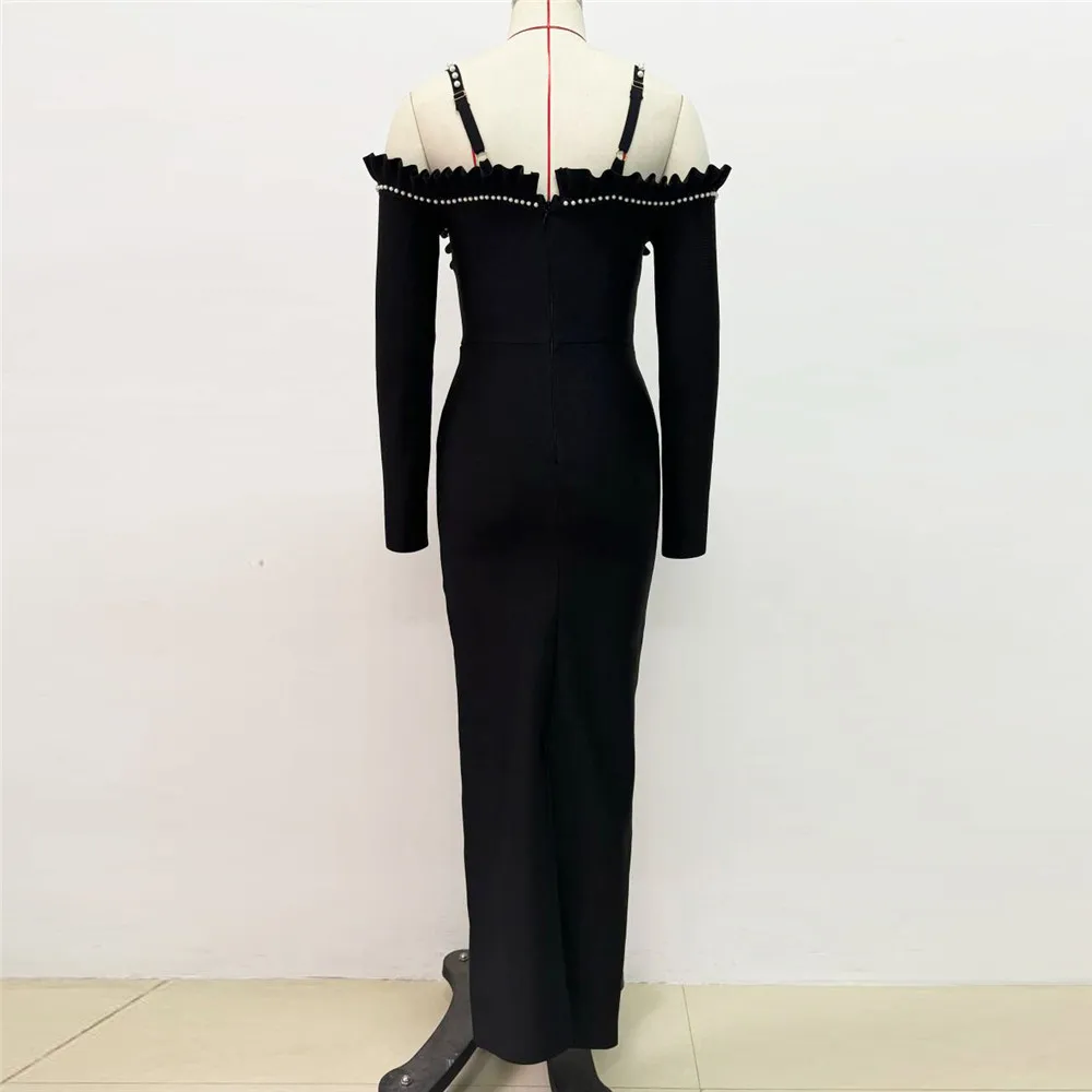 Elegant Spaghetti Strap Bandage Dress Women Long Sleeve Clothes Autumn 2024 Sexy Beading Club Celebrity Party Dresses