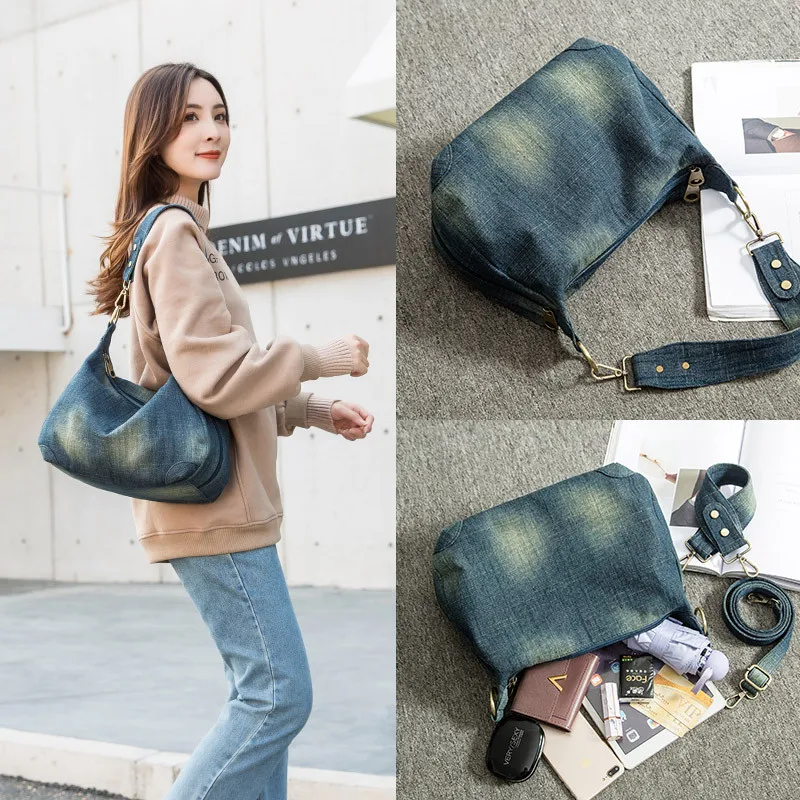 Casual Denim Women Crossbody Bag Double zipper female Shoulder Bag Quality canvas Ladies handbags Travel bags blue bolsa