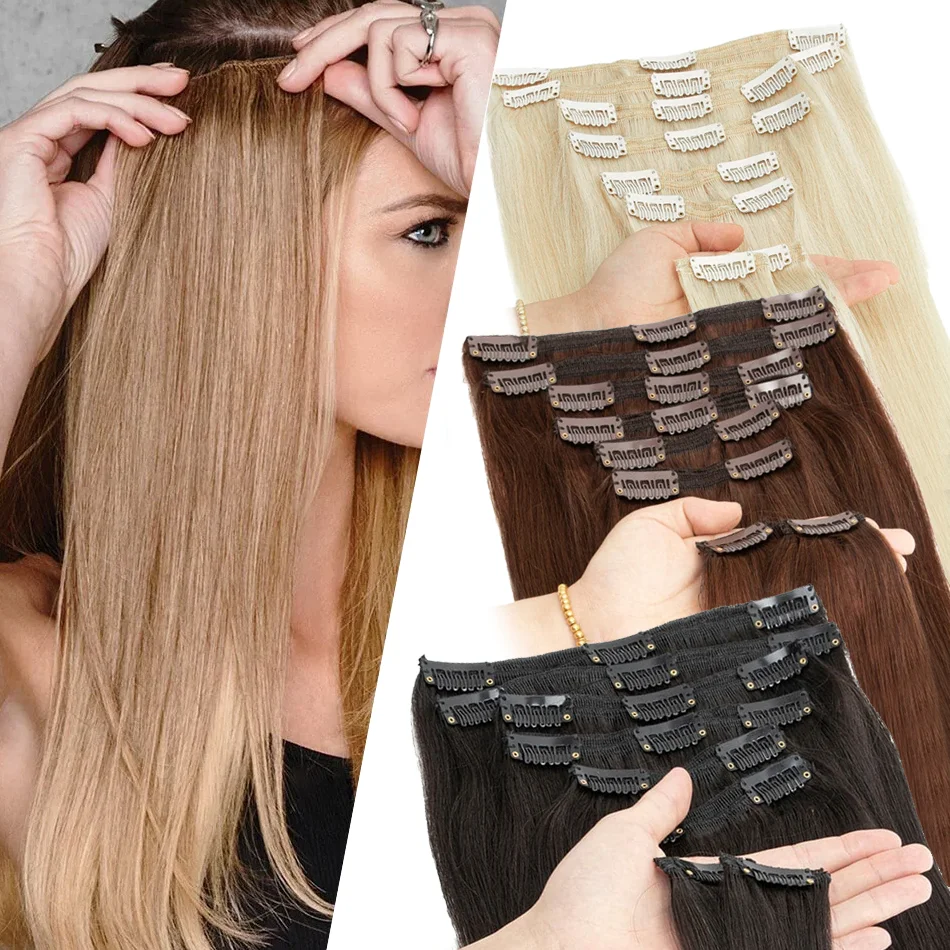 Extensiones de cabello Natural con Clip, postizo liso de 30 pulgadas, cabeza completa