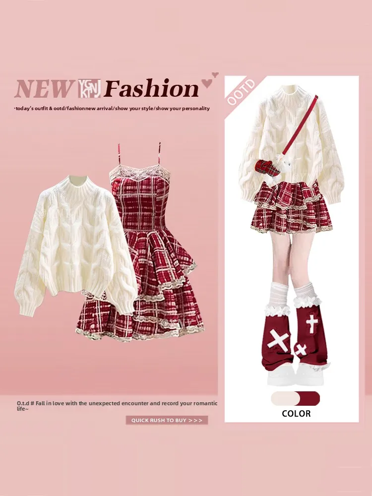 

Корейский модный вязаный свитер с узором «косы» и клетчатым принтом для женщин, зимний комплект из двух предметов с завышенной талией, стройнящий силуэт