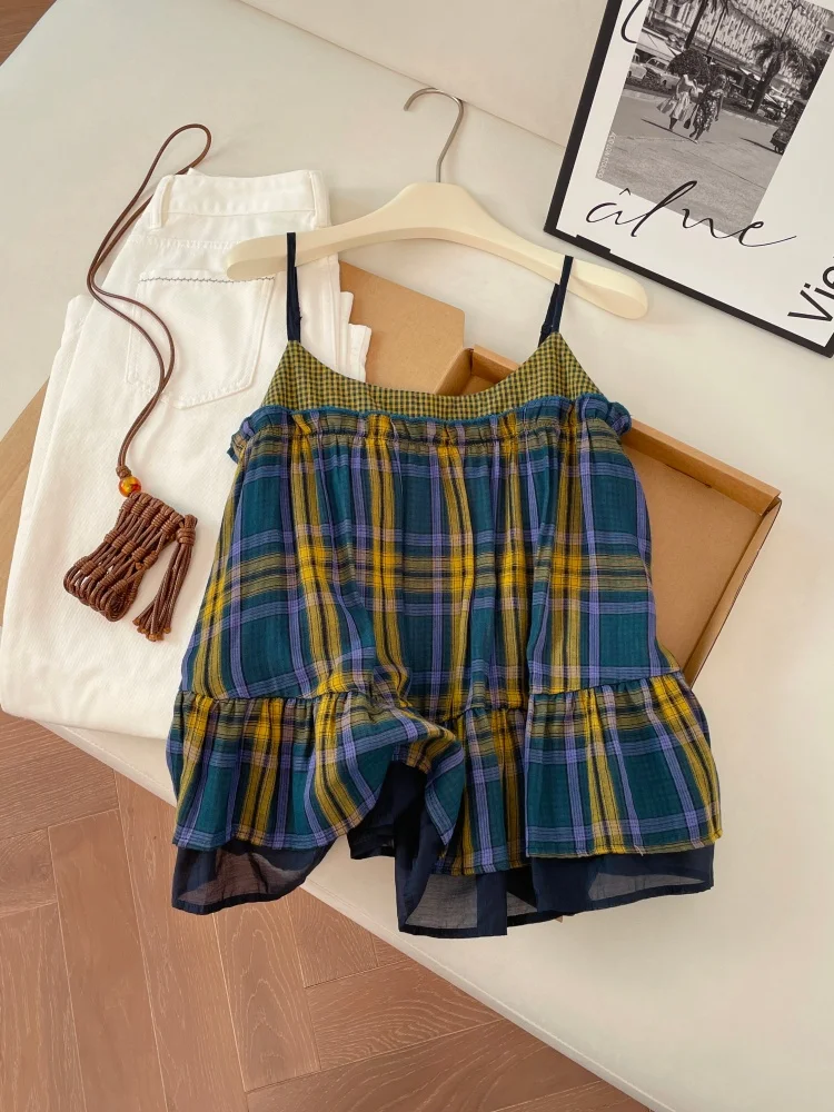 

Sweet Girl Feel Plaid Halter Top Women's Summer New Unique Beautiful Outerwear Lace Shirt Loose Fit Casual Style No Sleeve