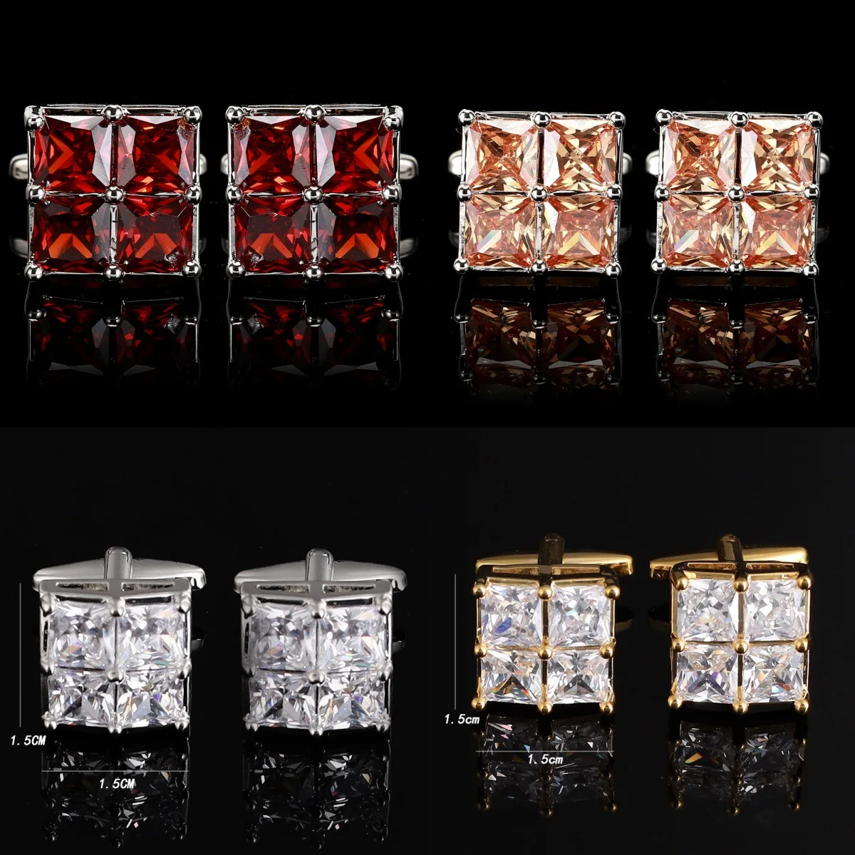 

Square Tian word brass men's cufflinks white diamond burgundy champagne zircon crystal hot sleeve nails