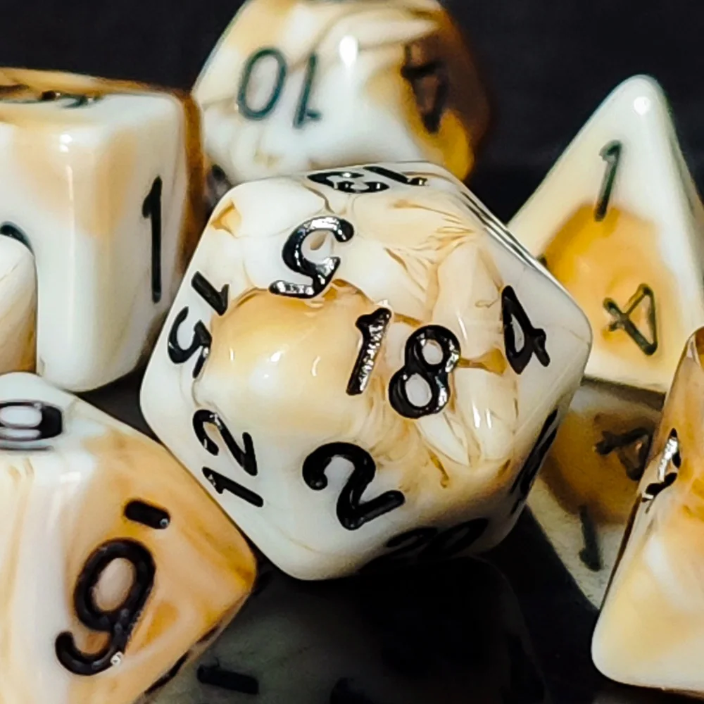 Limited Time Flash Sale 7PCS Premium Brown White Marble Swirl Polyhedral Dice Set, Clear Black Ink Numbers, Complete D4-D20