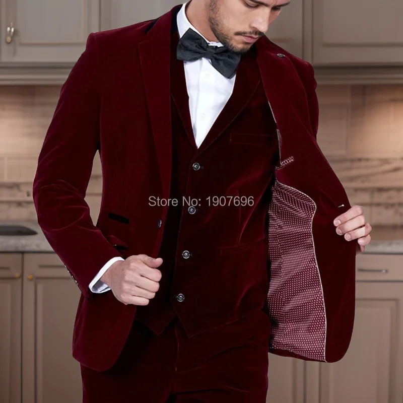 Burgundy Velvet Men Suits Slim Fit for Wedding 3 Piece American Style Prom Groom Tuxedos Fashion Smoking Jacket with Pants Vest