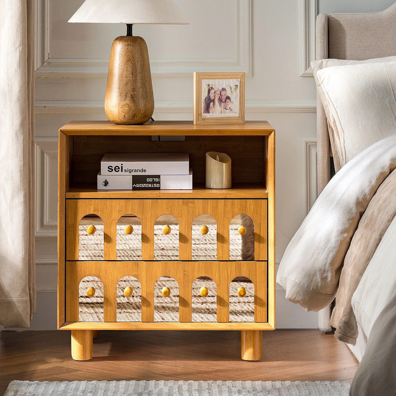 Modern European Style Two-Drawer Nightstand Oak Bedside Cabinet With LED Light Assembled For Apartment Or Bedroom Hospital Use