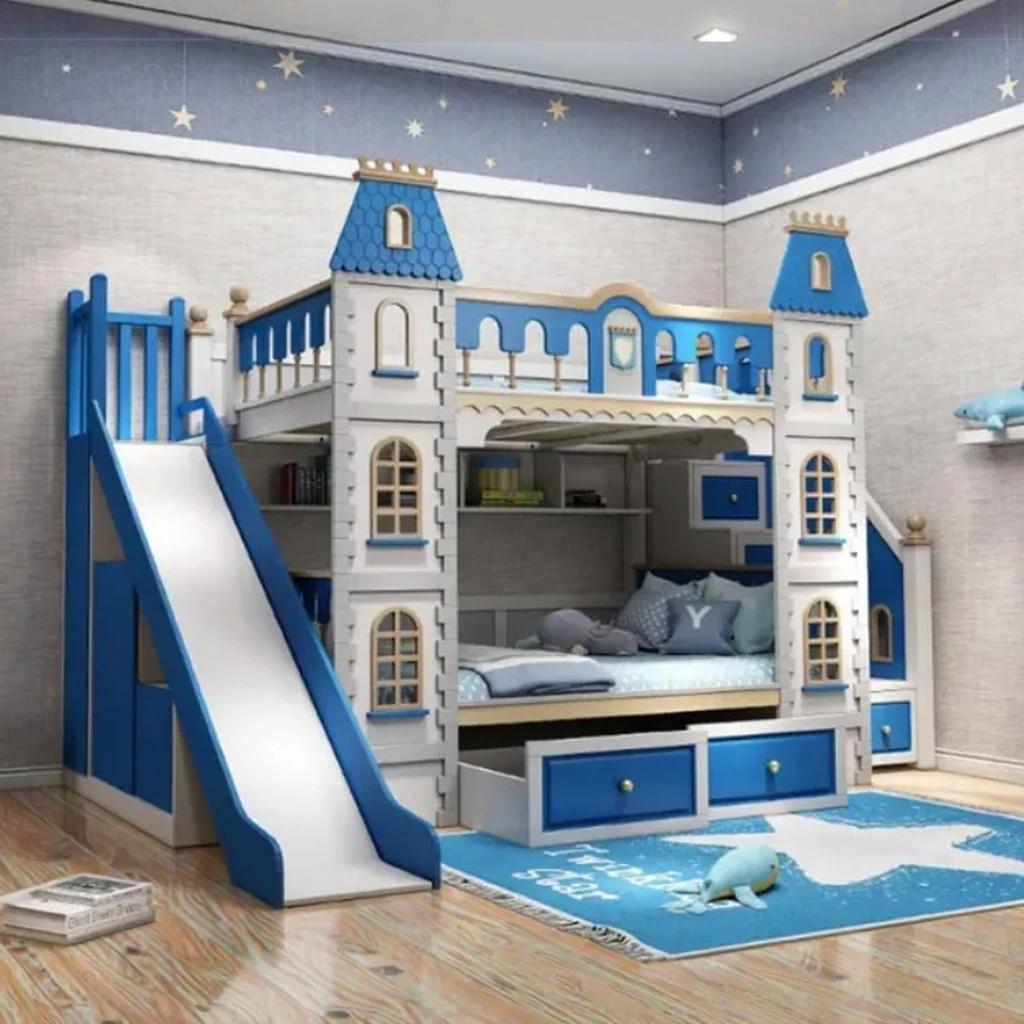 Tempat Tidur Tingkat Kayu Solid dan MDF Laris Manis untuk Anak-Anak, Furnitur Kamar Tidur Biru untuk Anak Laki-Laki, untuk Penggunaan di Rumah