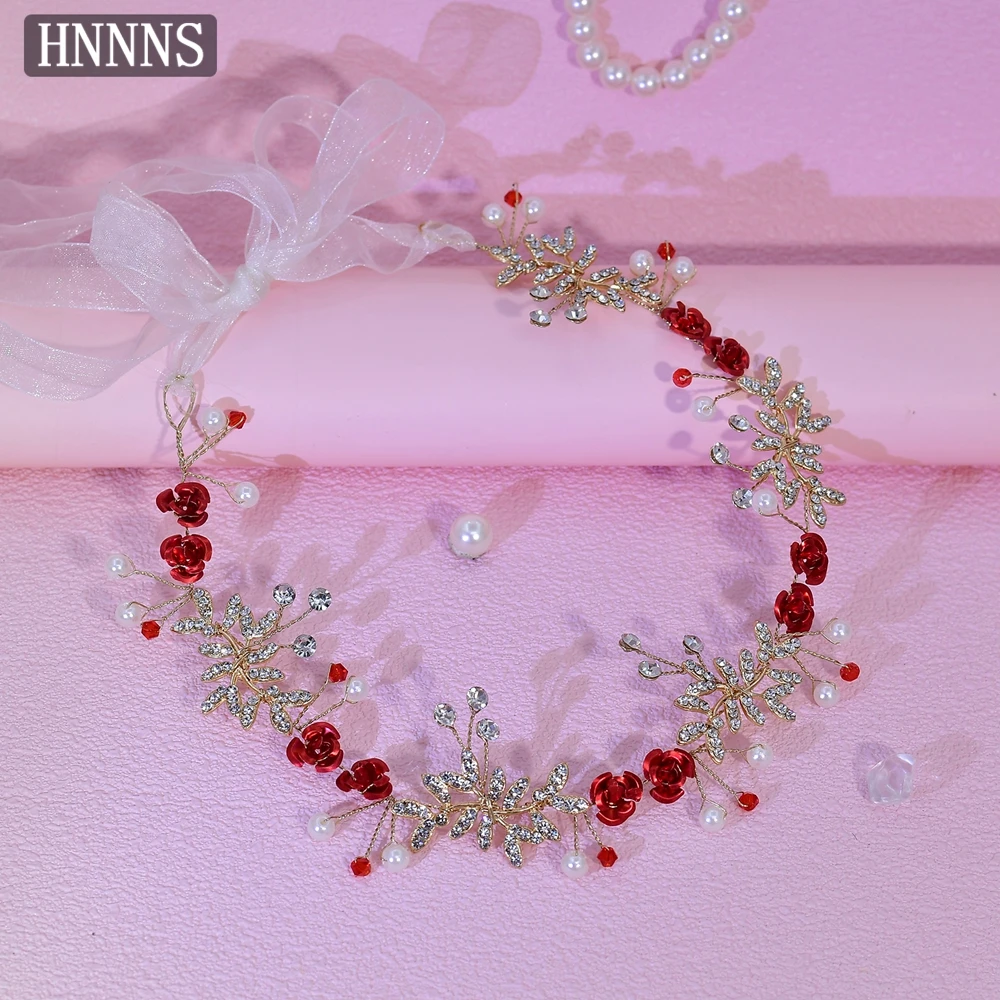 

HNNNS Exquisite Crystal Hair Vine Red Rose Decorate Headband Elegant Bride Headdress Wedding Banquet Prom Hair Accessories A364