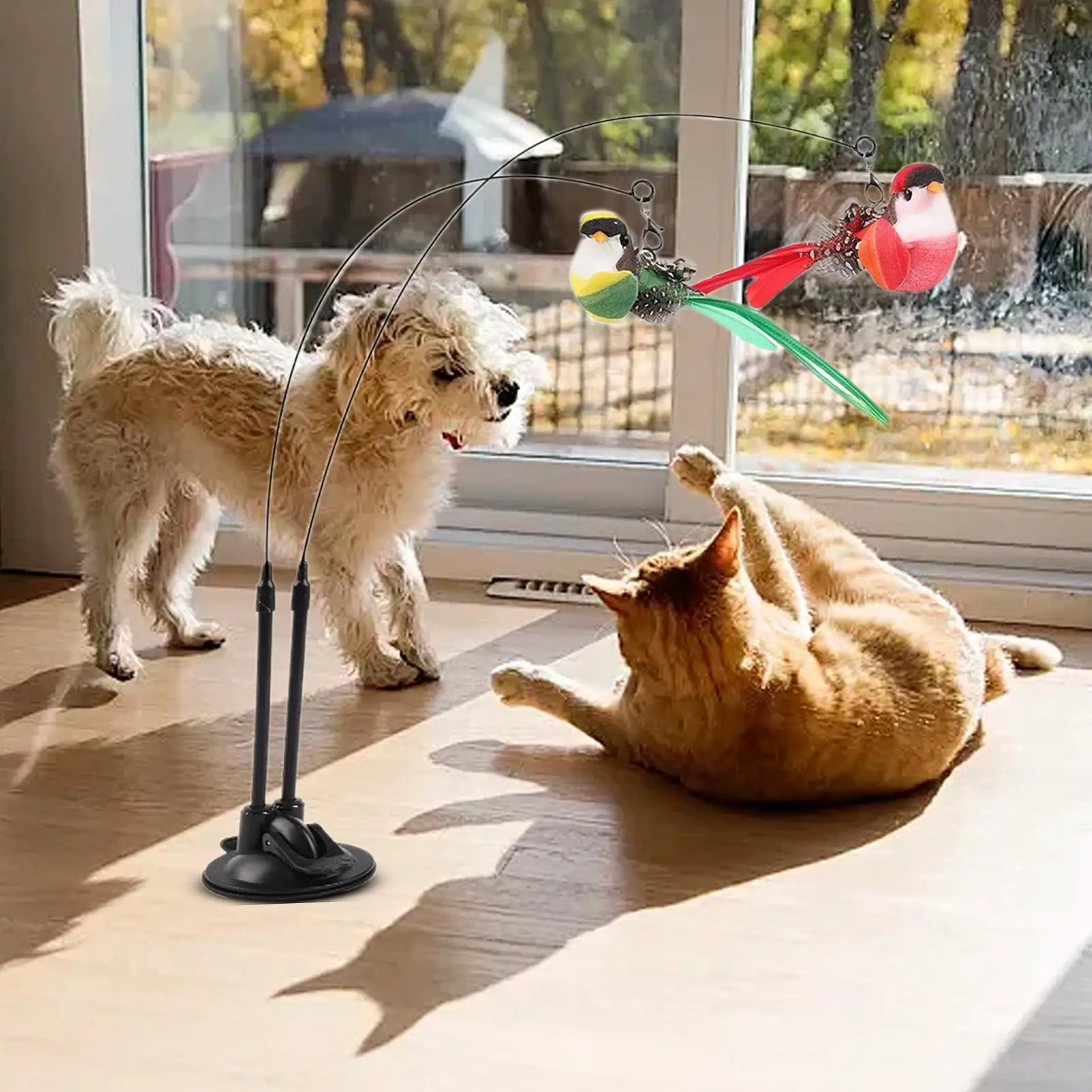 Cat Teaser Toy Interactive Cat Wand 2 In 1 Suction Cup Removable Interactive Double Simulated Chirping Bird For Teething Kitten