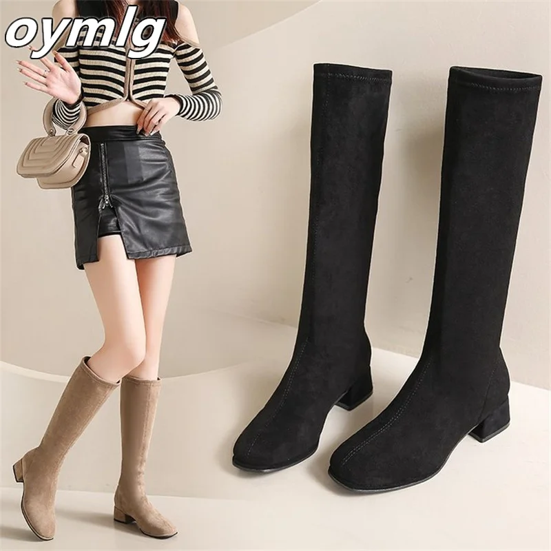 

Knee length skinny elastic boots for women with high suede knights, thick heels, straight black boots women shoes