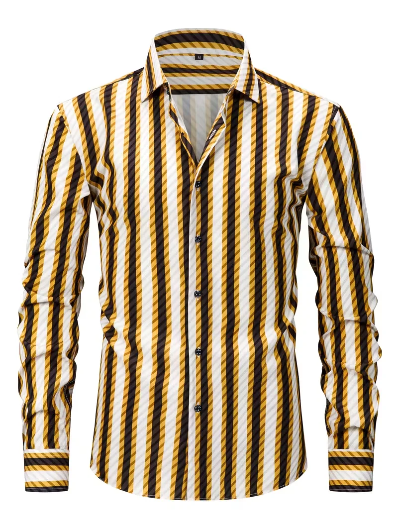 

Новая мужская рубашка с длинными рукавами, деловая рубашка на пуговицах с лацканами, мужская рубашка в полоску с 3D принтом, высококачественный мужской топ
