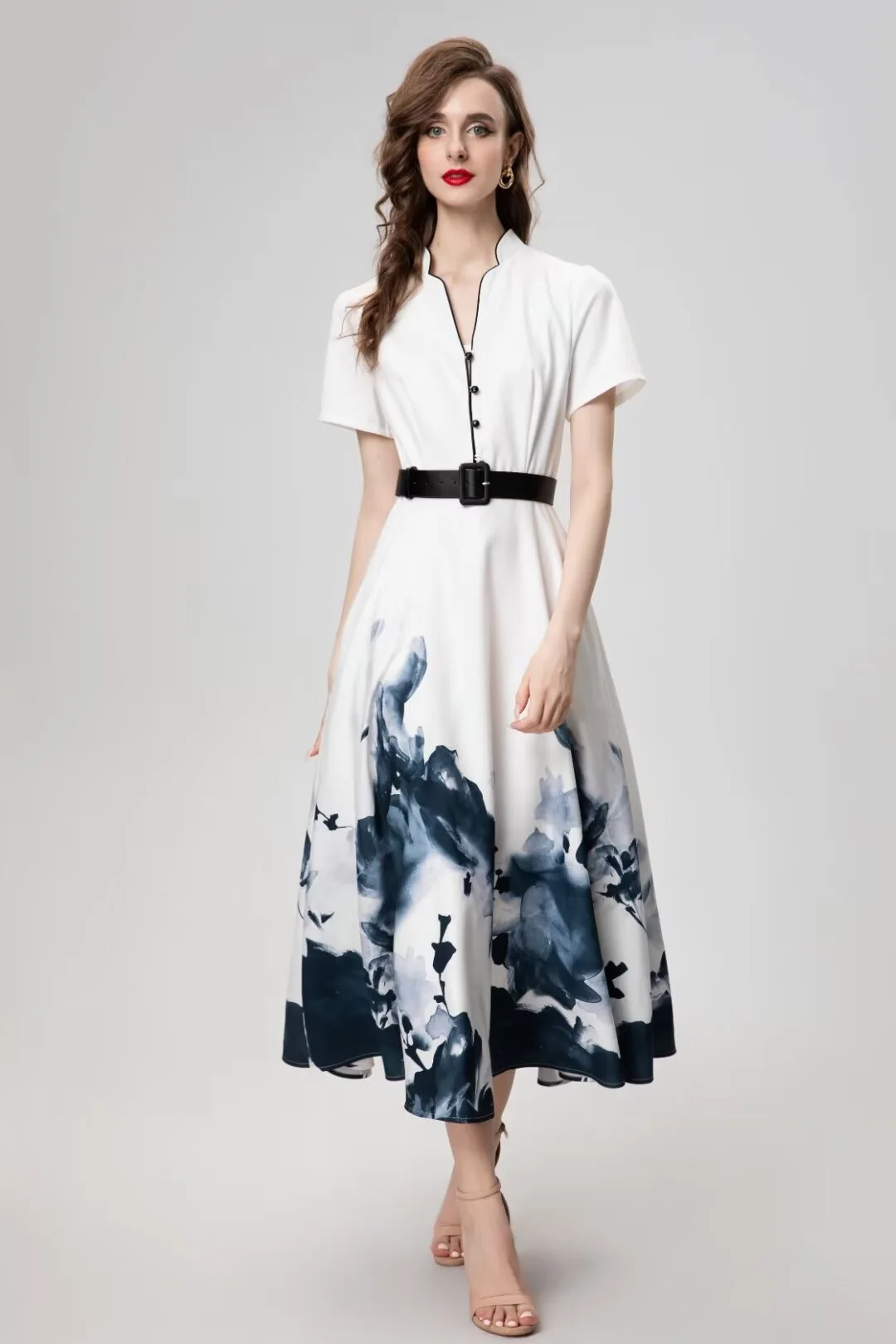 Summer Fashion Runway Dress Women Vintage Print Button Sashes Temperament Elegant Stand Collar Medium Length Dresses