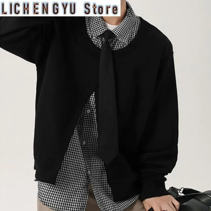 Men's Versatile and Fake Two Piece Design Fashion Korean Checked Printed Long Sleeve Sweatshirt 2025 New Autumn Solid Color Coat