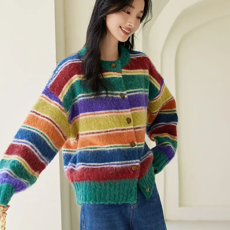 VICTORIA&VERA 2024 Autumn and Winter New Style Jacket Women's Contrast Color Stripes Loose Rainbow Long Sleeve Knitted Cardigan