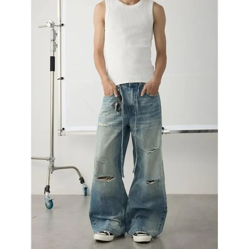 Men's Hole Design Retro Blue Jeans Casual Pants Boy Street Bottom Wide Legs Sweatpants Male High Waist Unisex Baggy Trousers
