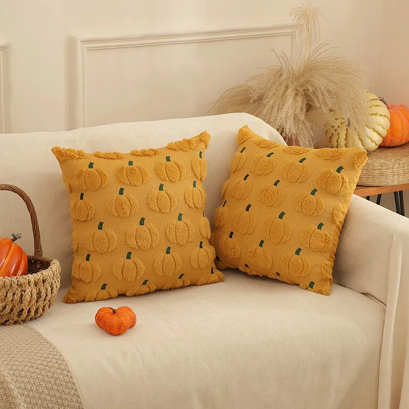 Pumpkin Fall Decorative Throw Pillow Covers 18x18Inch Orange Soft Faux Fur Pillow Covers for Autumn Fluffy Plush Pillow Cases