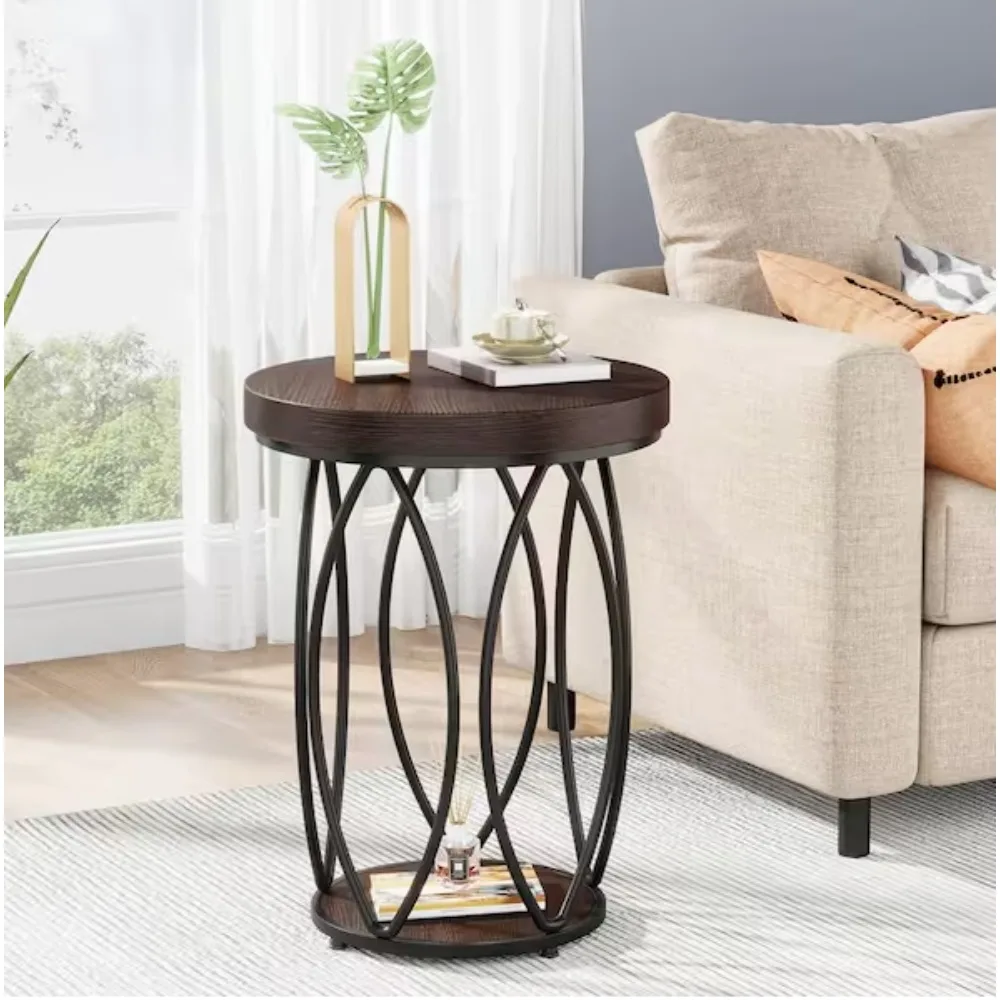 

18.3 in. Rustic Brown Round Side Table Wood End Table with Metal Frame for Living Room, Bedroom