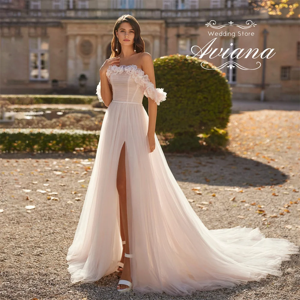 

Aviana Customized Off Shoudler Flower Tulle Wedding Dress A-Line Backless Flower Appliques High Split Sweep Train Strapless New