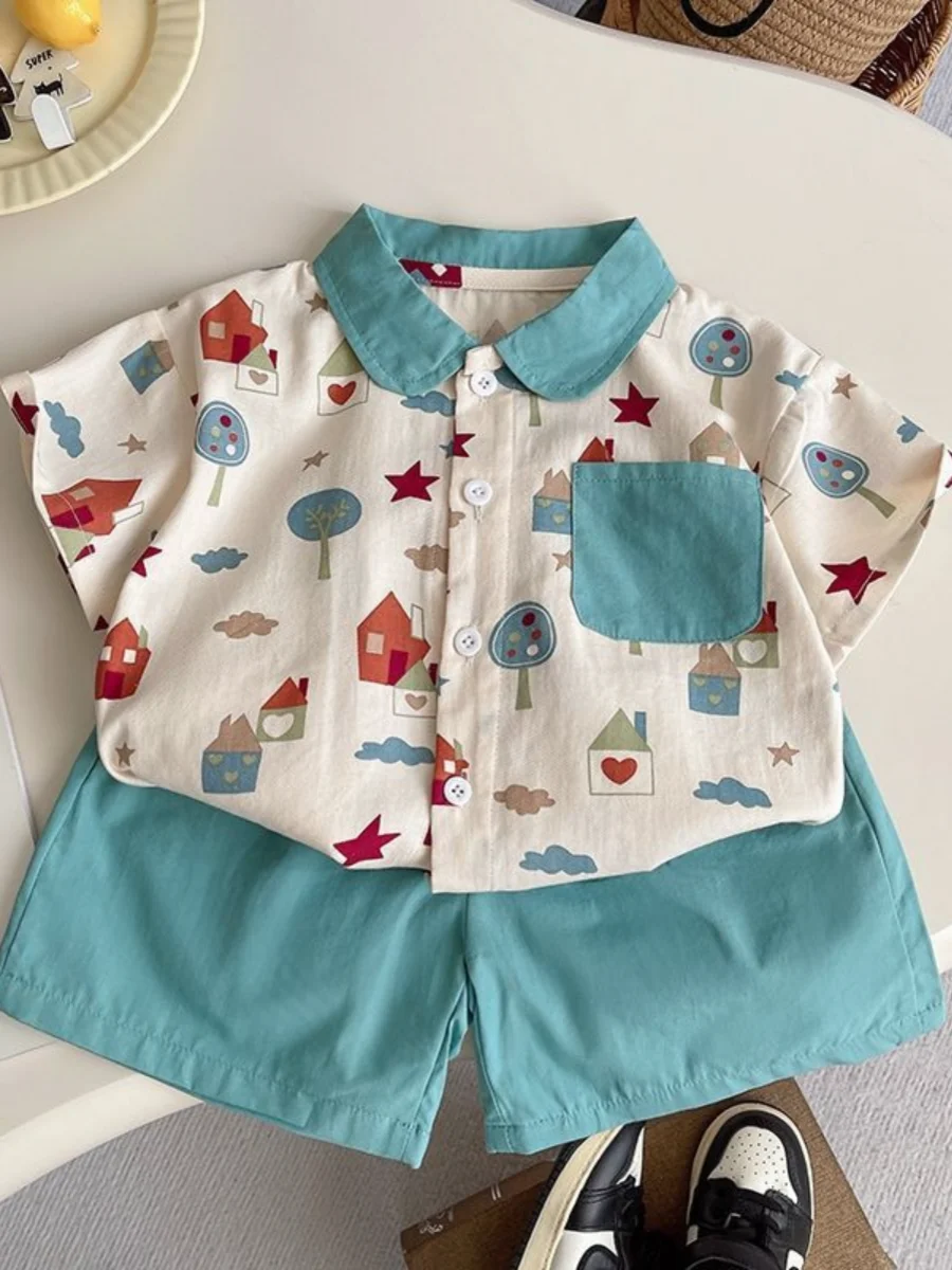 Baby Boys 2Pcs Summer Outfit Cartoon House Tree Print Lapel Short Sleeve Button Shirt Solid Color Shorts Toddler Clothing Set