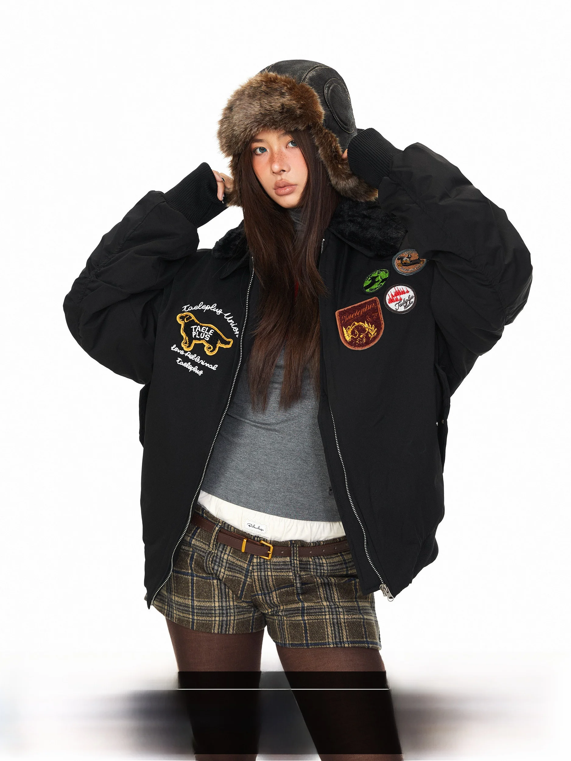 Blackbb Embroidered Patch Label Flight Jacket Thickened Parka Coat Cotton Winter American Trendy Brand with Fur Collar