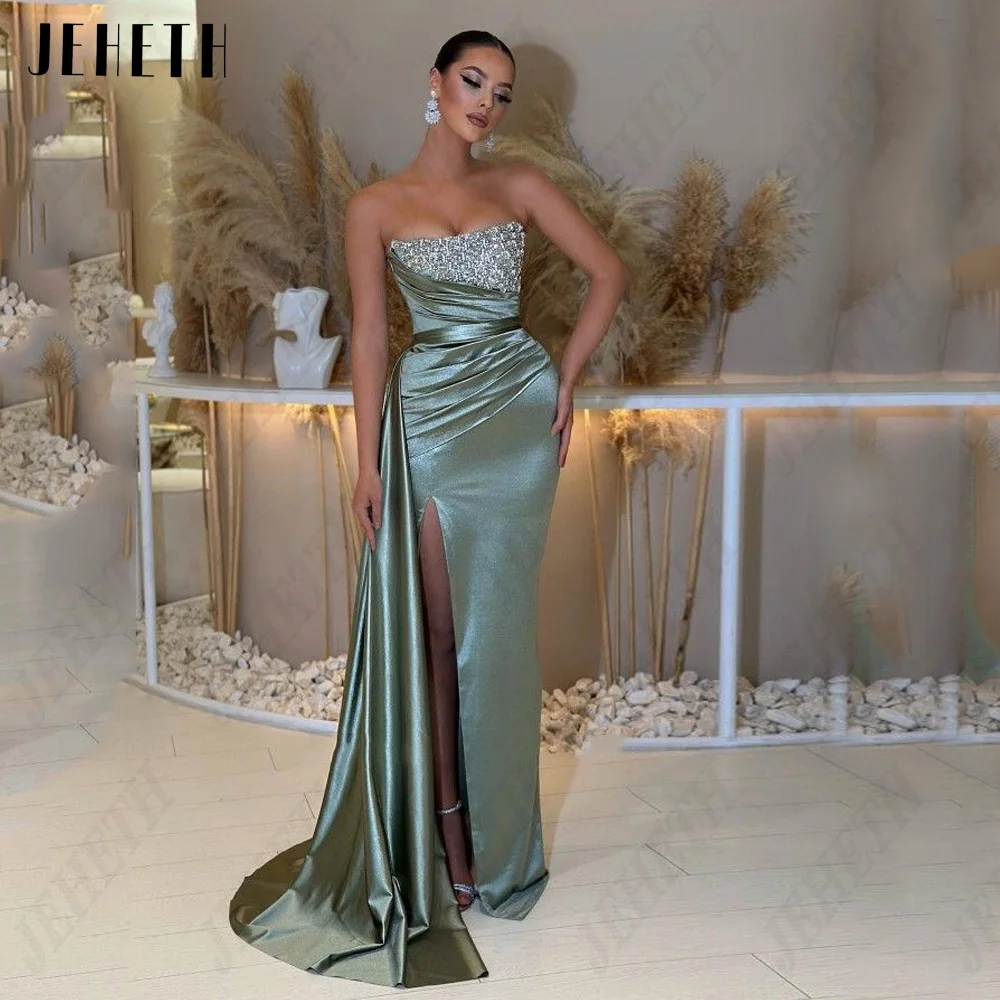 

JEHETH Mermaid Prom Dresses Detachable Train Strapless Sleeveless Party Dress Sexy Satin Side Split Beading Vestidos De Gala