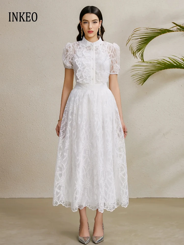 

Beach Women Lace embroidery shirt and long skirt 2025 New Elegant Short sleeve blouse Tops Ladies 2 piece set White INKEO 5D215