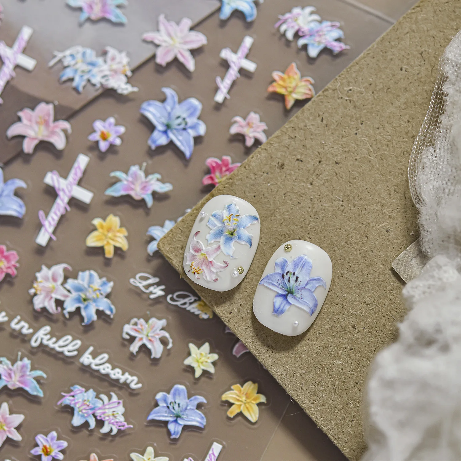 Colorful Lily Cross Embossed Nail Stickers Watercolor Flowers Pattern Self Adhesive Nail Parts Stickers For DIY Nails Decoration