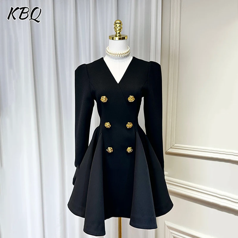 

KBQ Solid Temperament Patchwork Fold Mini Dress For Women V Neck Long Sleeve High Waist Spliced Buttons Dresses Female Fashion