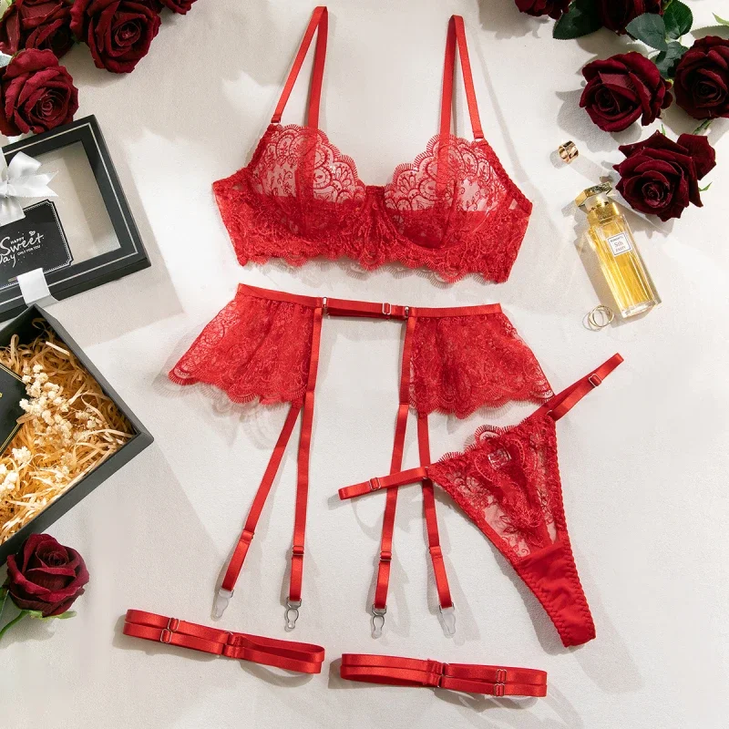 Bikini Embroidered Eyelash Lace See-through Sexy Lingerie Four-piece Set