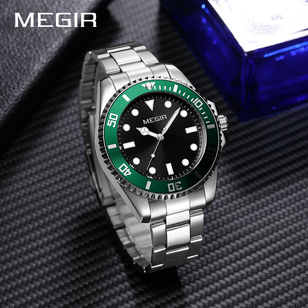 MEGIR العلامة التجارية أزياء الرجال كوارتز ساعة الصلب حزام عرض التقويم الساعات الكلاسيكية رجل فاخر للماء ساعة اليد على مدار الساعة
