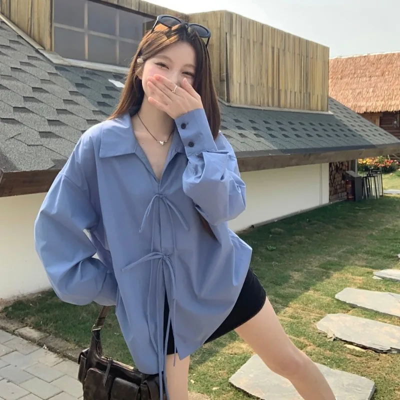 ديبتاون الأزرق الدانتيل يصل الخامس الرقبة النساء القمصان خمر طويلة الأكمام الكورية موضة فضفاضة البلوزات بلون عادية الفرنسية أنيقة