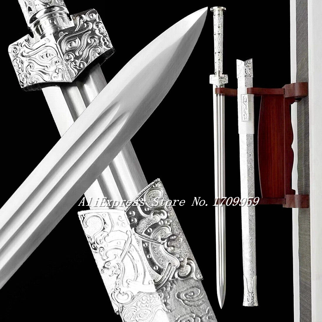 Silver Dragon Han Dynasty KungFu Jian Metal Handle Chinese WUSHU Sword High Carbon Steel Blade/Leather Wrap Wood Scabbard