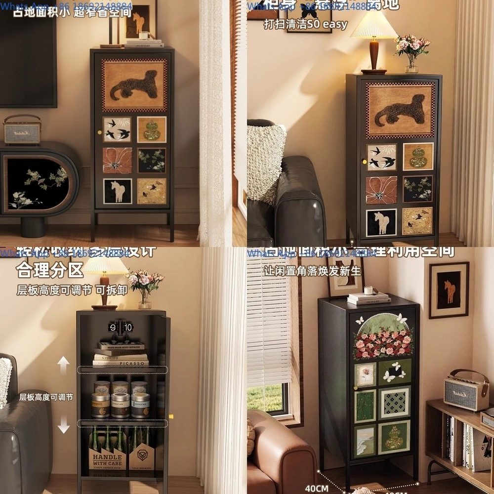 

Vintage Narrow Metal Storage Cabinet for Living Room Bedroom Side Table Iron Cupboard