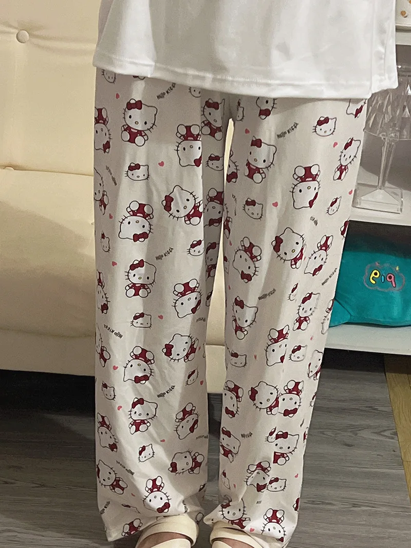 Hello Kitty-Pyjama à col rond pour femme, vêtements de maison, simple, décontracté, manches longues, pantalon long, ensemble 2 pièces, mignon, printemps et automne