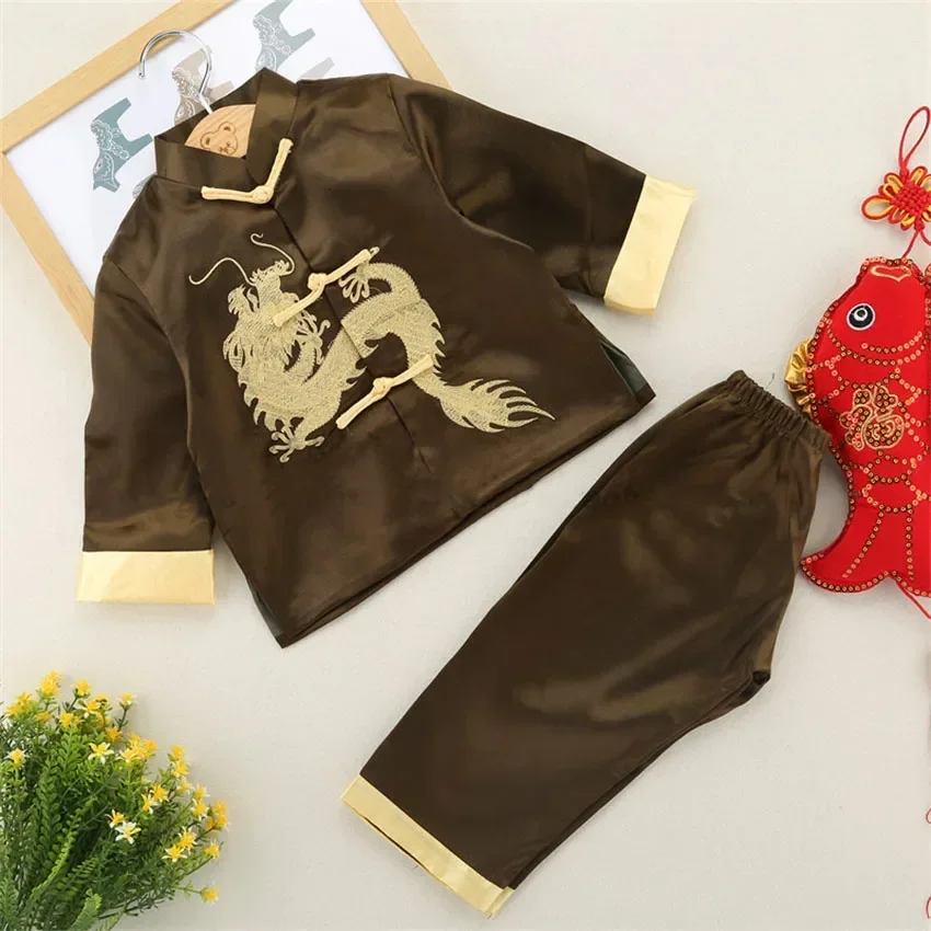 Chinese Stijl Dragon Tang Pak Jongen Verjaardag Nieuwjaar Feest Festival Outfit Kung Fu Wushu Top Broek Set Uniform Kids Kostuum Cadeau