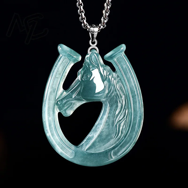 S925 Silver Natural Blue Water Jade Horse's Hoof Pendant Necklace Carved Charm Jadeite Jewelry Fashion Amulet Gift Certificate