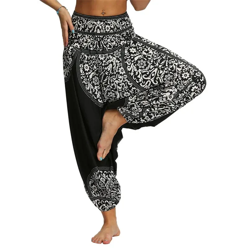 

Autumn and Winter Ladies Ethnic Print Hippie Pants Trousers Elastic High Waist Pleated Lantern Sweatpants Women Fashion Casual