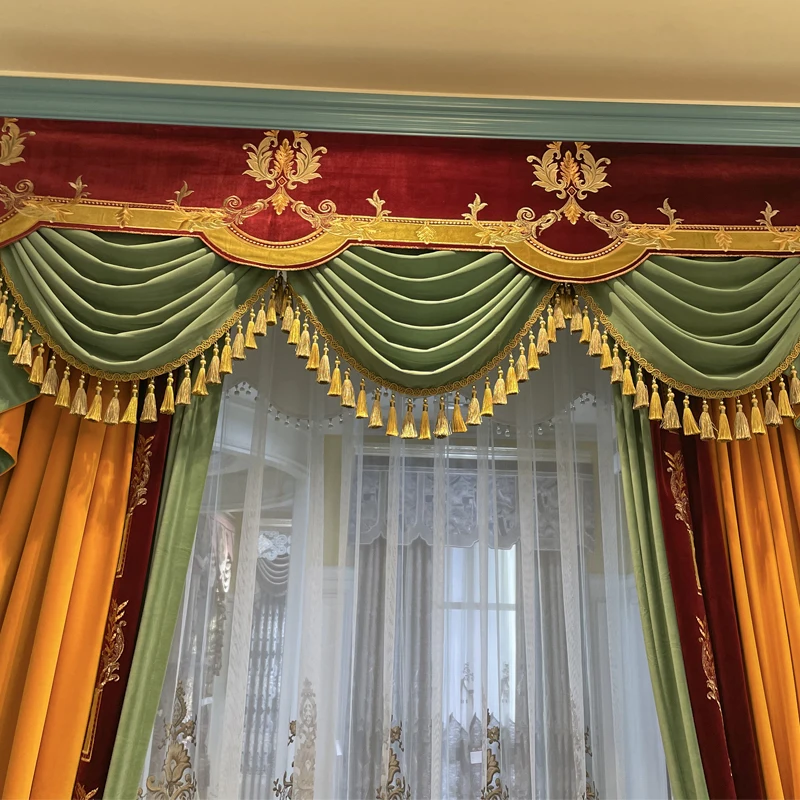 Custom Gorgeous American flannelette embroidery living room yellow velvet cloth valance blackout curtain tulle drape C2008