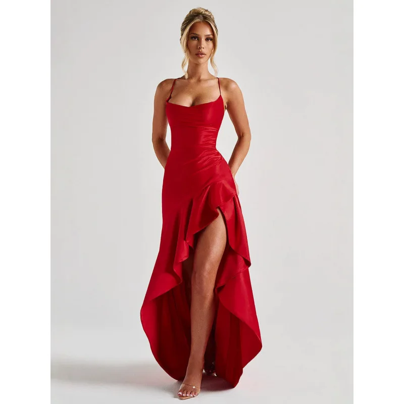 Satin Sexy Rückenfreies Schlitz-Maxikleid für Damen 2026 Sommer mit Spaghettiträgern, asymmetrischen Rüschen, für Abend, Club, Party, Abschlussball