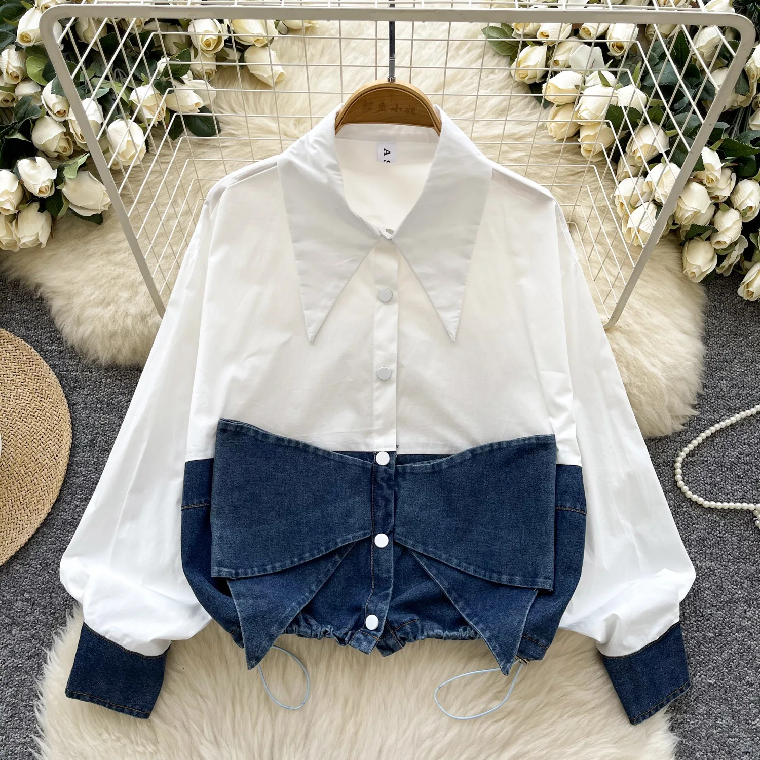 

Spring Fashion Korean Style Women's Casual Trendy Turn-down Collar Long Lantern Sleeve Jean Spliced Shirts Female Tops Clothes