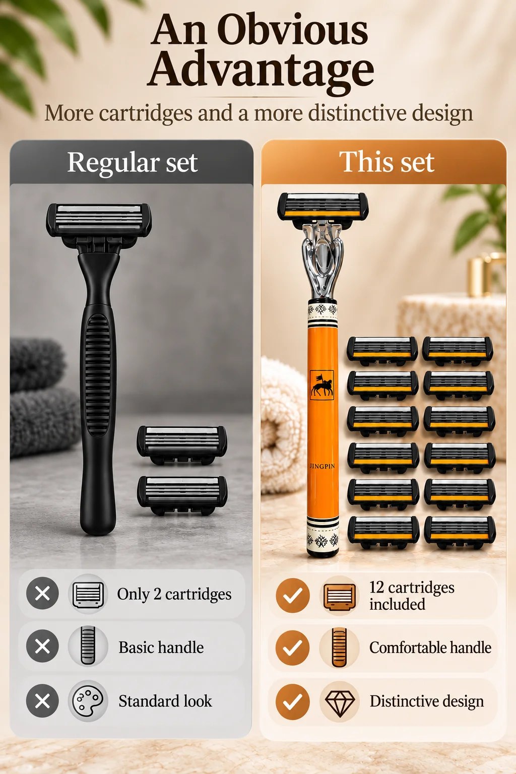 JINGPIN men's razor with replaceable cartridges, 12 cartridges, reusable manual shaving razor
