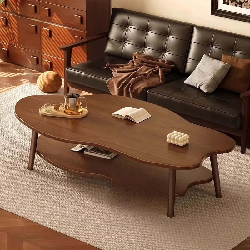 Light luxury convertible two-layer wooden coffee table sofa table storage